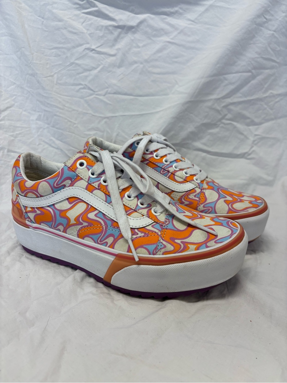 Vans Platform Lace-Up Sneakers in Orange, Purple & White Swirl | Women Size 8.5